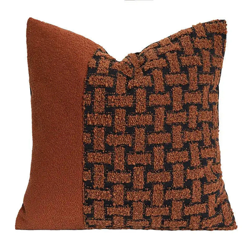 A geometric caramel color velvet cushion cover with rust and black pattern for living room decorbites throw pillow