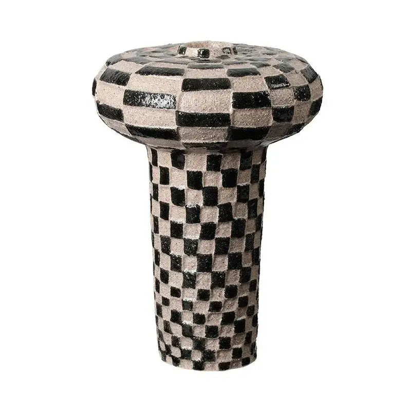 Black and beige geometric check ceramic vase with rounded domed top for decorbites geometric check living room decor