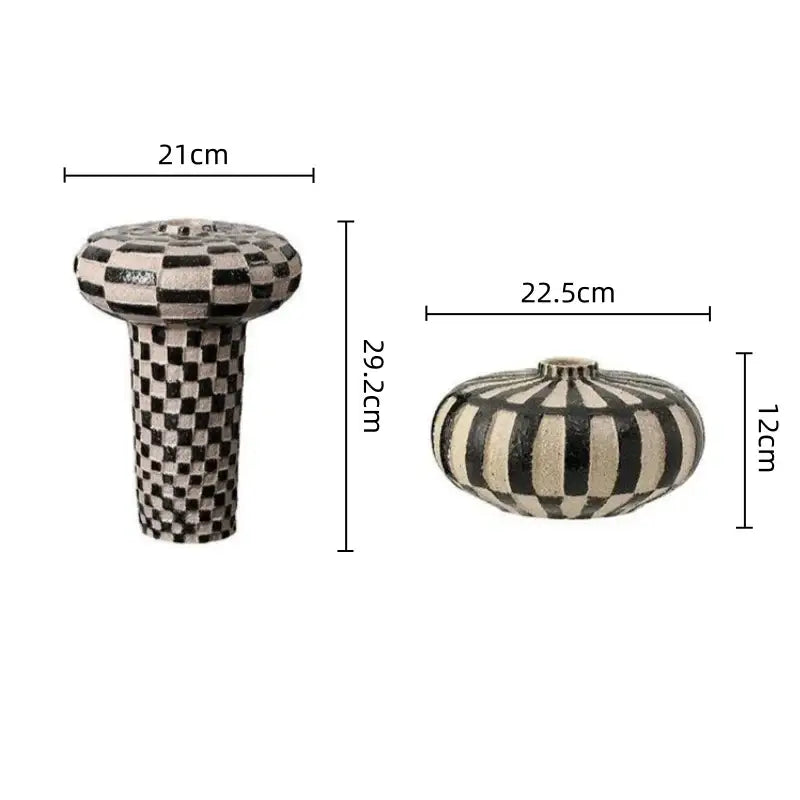 Two ceramic vases with geometric check black and white patterns for living room decor by decorbites geometric check ceramic