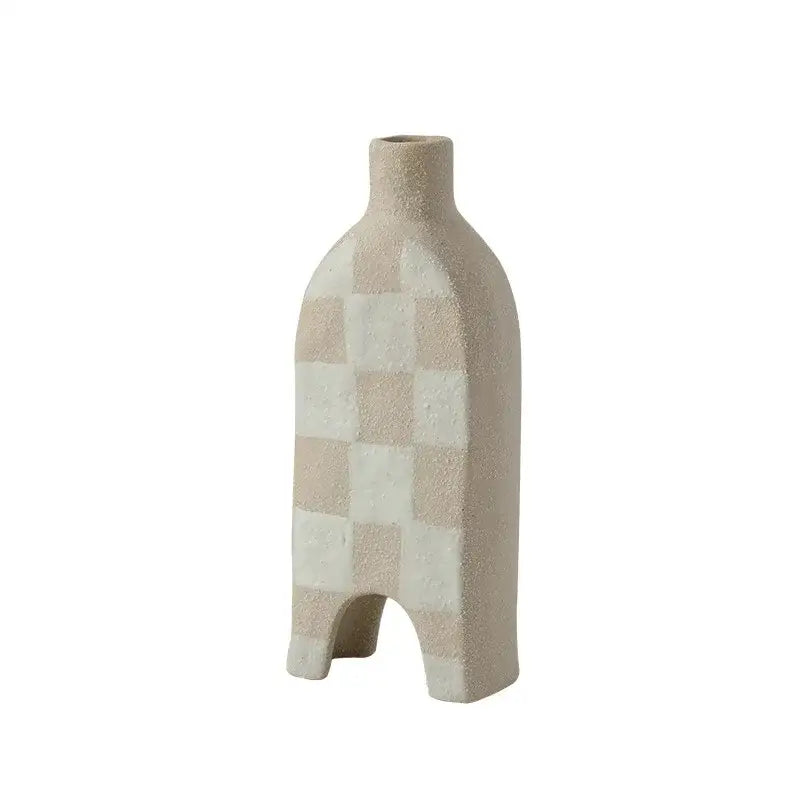 Beige and off-white geometric check ceramic vase with slender neck and three-legged base for living room decorbites decor