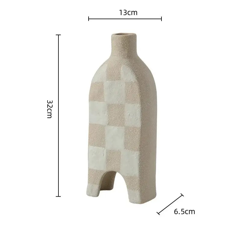 Beige and off-white geometric check ceramic vase with slender neck and three feet for living room decorbites decor