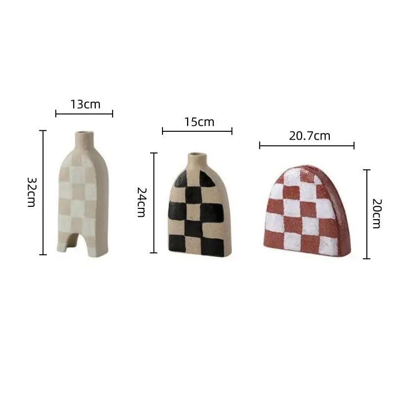 Three geometric check ceramic vases with beige black and red white patterns for living room decorbites decor