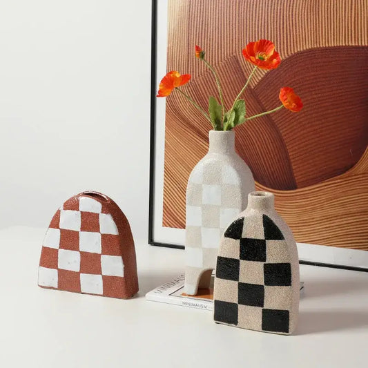 Three ceramic vases with geometric check ceramic patterns in brown white beige black and off-white for living room decorbites decor