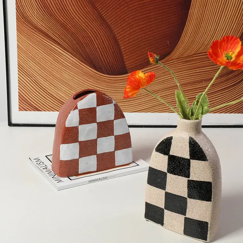Two ceramic vases with a brown white and black beige geometric check textured surface for living room decorbites geometric check ceramic decor