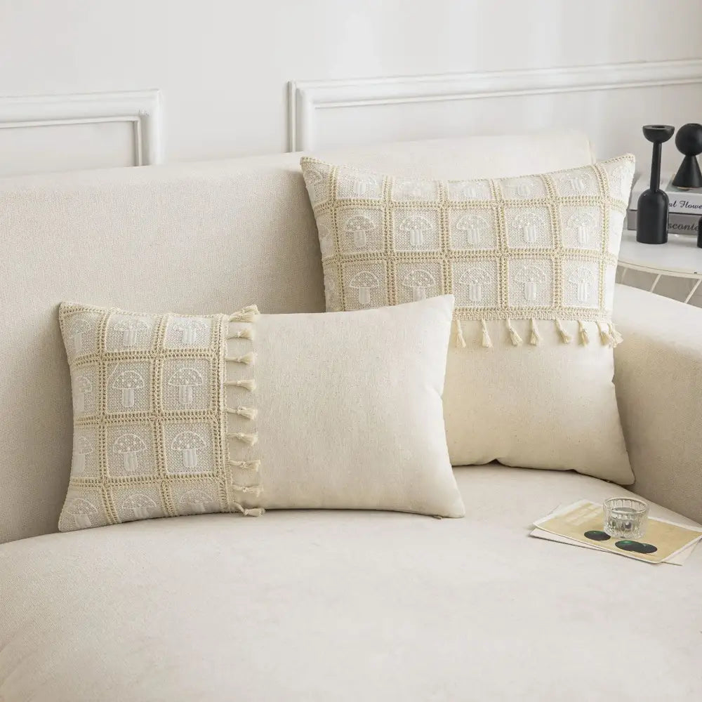 Cream-colored crochet mushroom cushion cover with tassel trim for decorbites geometric checker living room decor