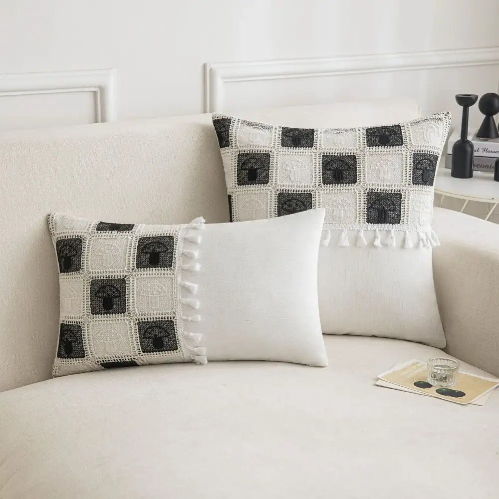 Black and white crochet throw pillow with mushroom motifs and tassel trim for decorbites geometric checker cushion cover