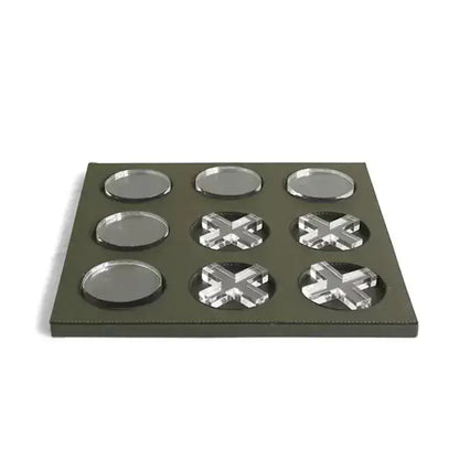 Olive green rectangular tray with nine clear acrylic inserts featuring geometric checkerboard grid cutouts for home decor