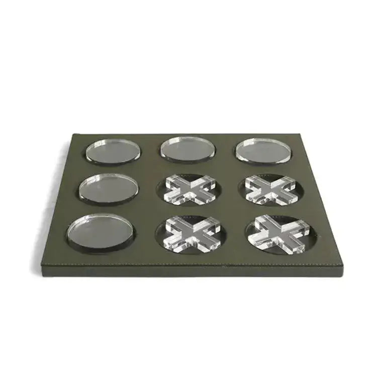 Olive green rectangular tray with nine clear acrylic inserts featuring geometric checkerboard grid cutouts for home decor