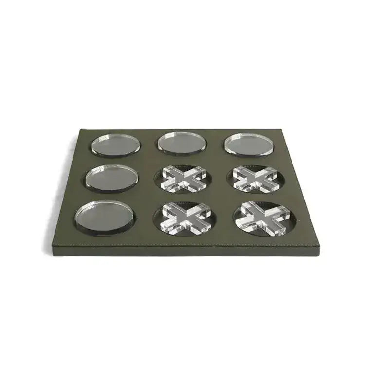 Olive green rectangular tray with nine clear acrylic game pieces on a geometric checkerboard grid for home decor