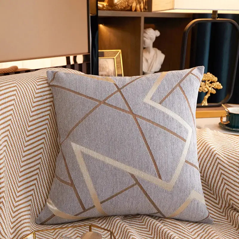 Gray geometric chenille cushion cover with beige and gold thread detailing for teal gray and pink living room decorbites decor