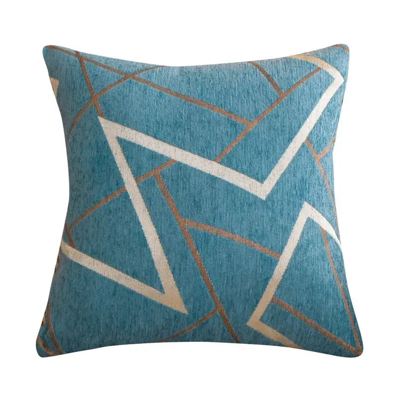 Blue throw pillow with white and tan geometric pattern decorbites geometric chenille cushion cover for living room decor