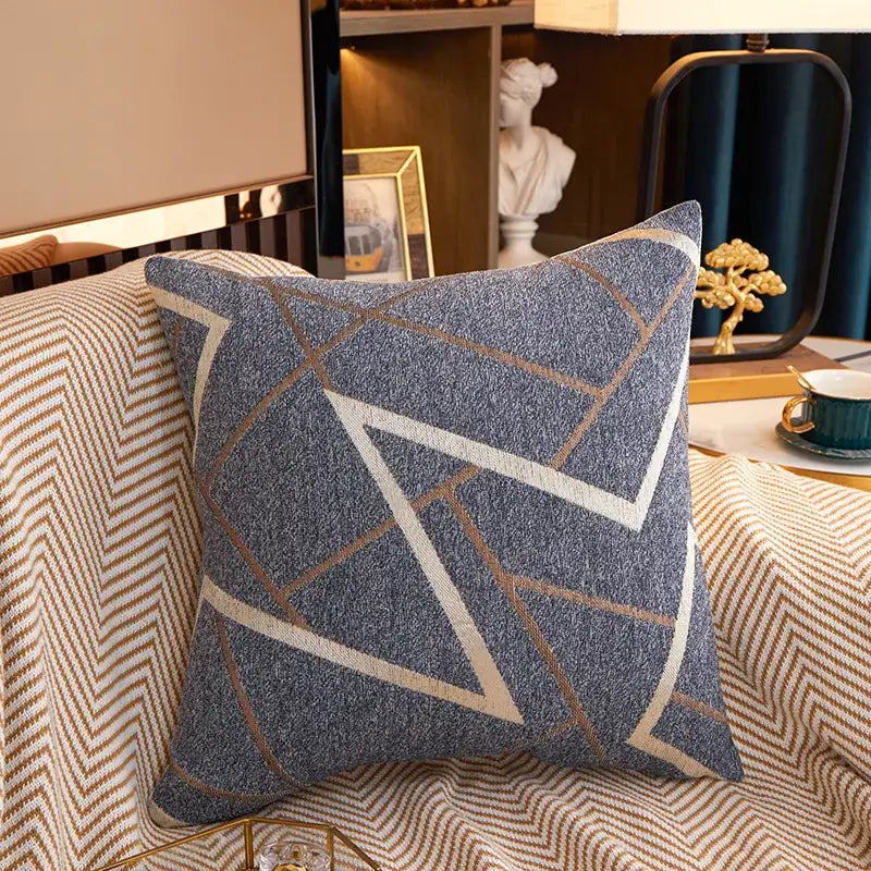 Blue geometric chenille cushion cover with white and gold accent lines for decorbites living room decorbites geometric chenille