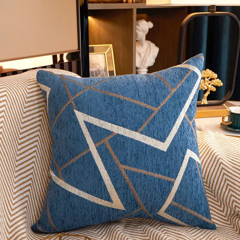 Blue geometric chenille cushion cover with white and gold thread pattern for decorbites living room decor