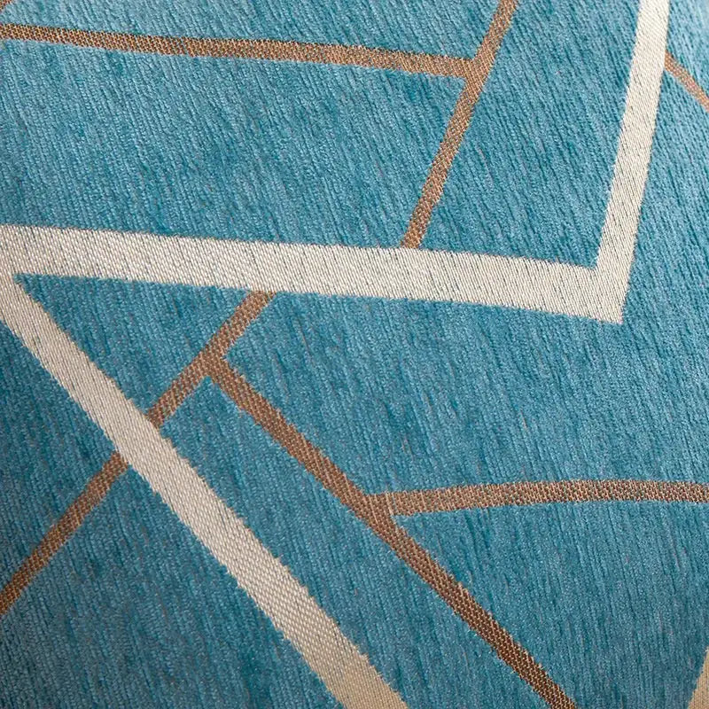 Blue geometric-patterned decorbites geometric chenille cushion cover with white and tan woven lines for living room decor