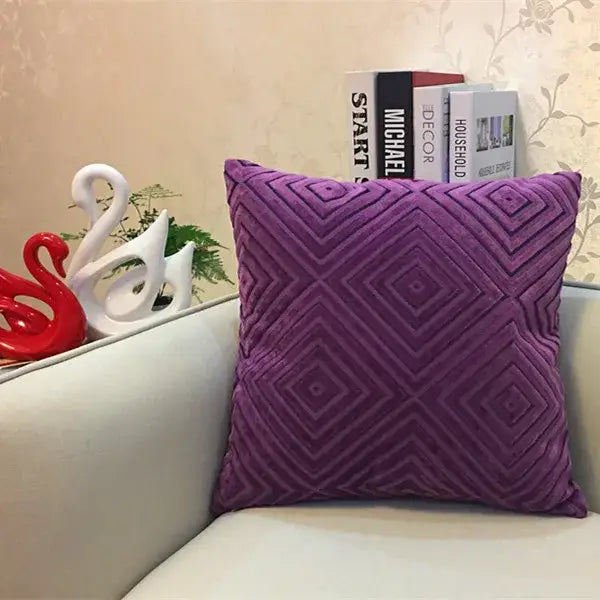 Purple velvet cushion cover with chenille flocking and textured geometric diamond pattern for living room decorbites decor