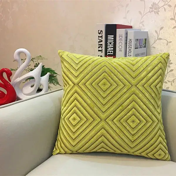 Vibrant lime green chenille flocking cushion cover with textured geometric diamond pattern for living room decorbites decor