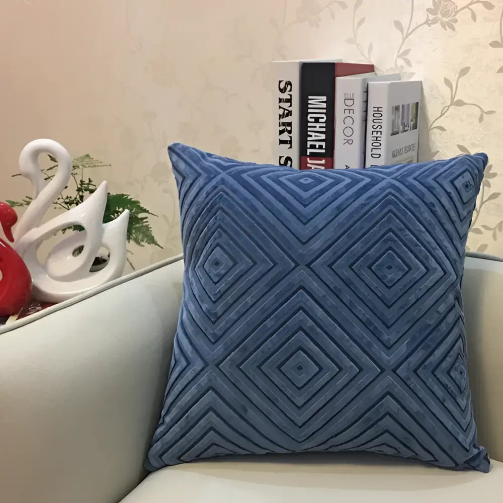 Blue velvet cushion cover with geometric diamond pattern in chenille flocking for living room decor by decorbites geometric chenille
