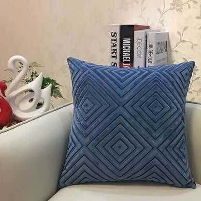 Blue velvet cushion cover with geometric diamond pattern in chenille flocking for living room decor by decorbites geometric chenille