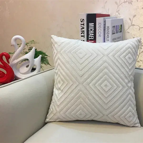 Cream-colored cushion cover with textured geometric diamond chenille flocking for decorbites living room decor