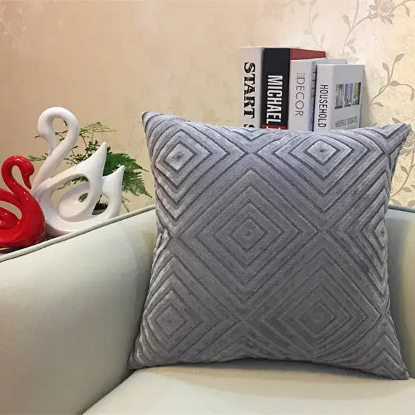 Gray velvet cushion cover with raised geometric diamond pattern in chenille flocking for living room decor by decorbites geometric chenille