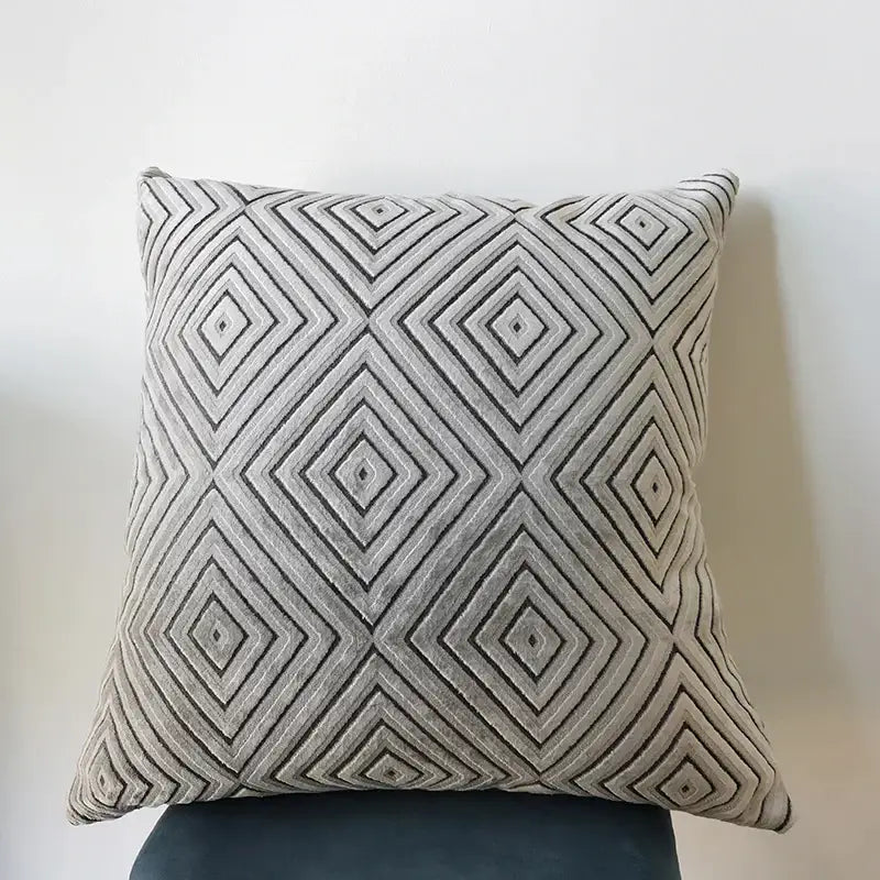 Gray and black geometric chenille flocking cushion cover with textured fabric for living room decor by decorbites geometric chenille