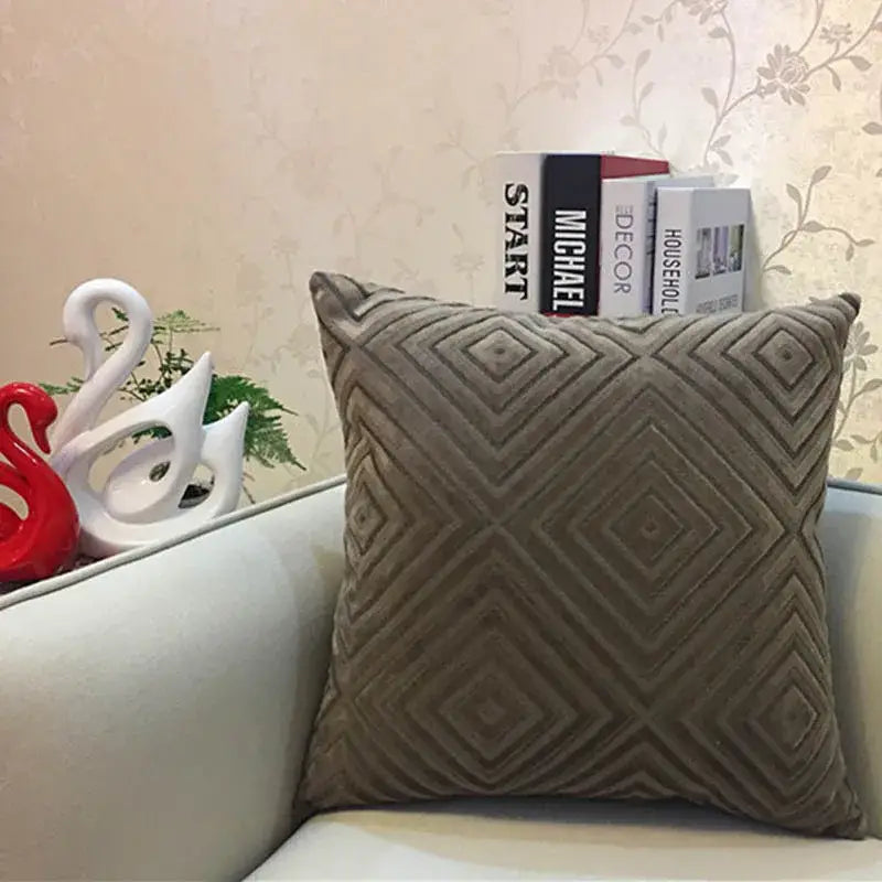 A taupe velvet cushion cover with raised geometric diamond chenille flocking for living room decor by decorbites geometric chenille