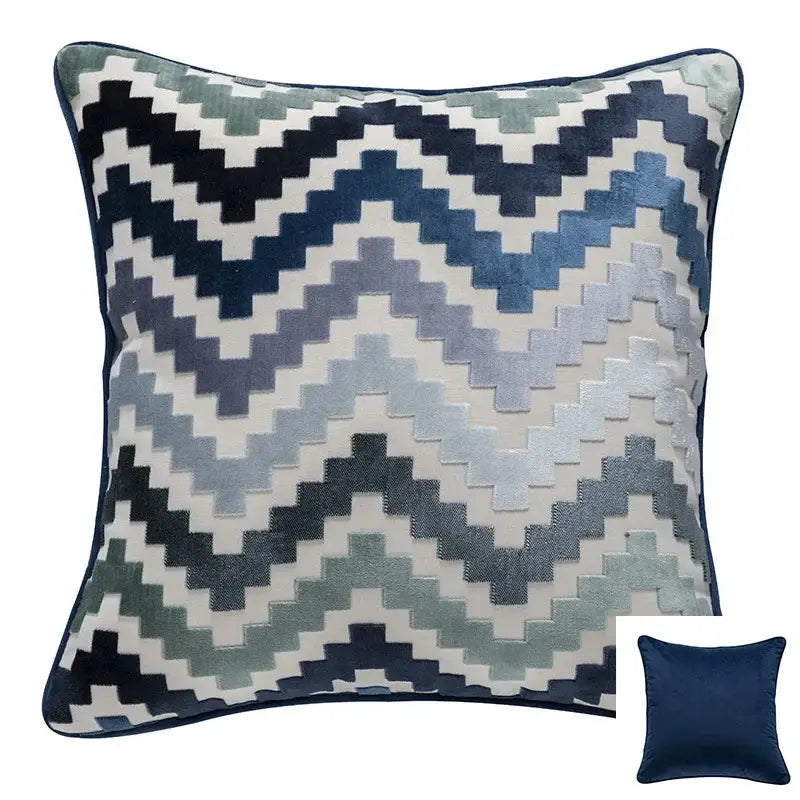 Square throw pillow with bold navy gray and white zigzag pattern in plush velvet for decorbites geometric chenille flocking cushion cover