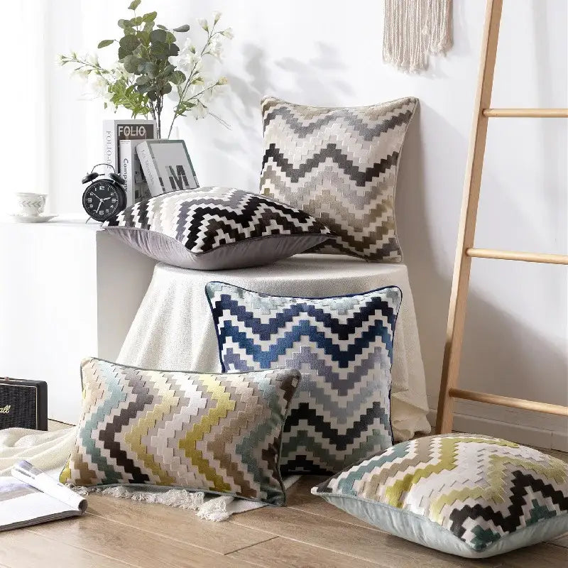 A decorbites geometric chenille flocking cushion cover collection in grey beige blue and black with textured fabric finish