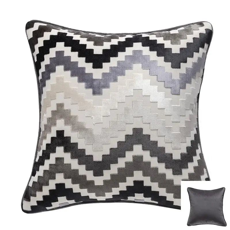 Square cushion cover with bold black gray and white geometric chenille flocking in velvet for living room decorbites