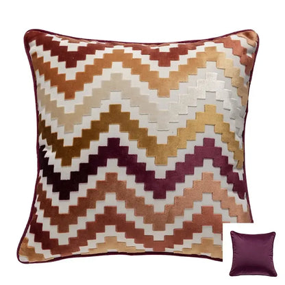 Square cushion cover with rust beige gold and burgundy zigzag pattern on velvet fabric for decorbites geometric chenille flocking