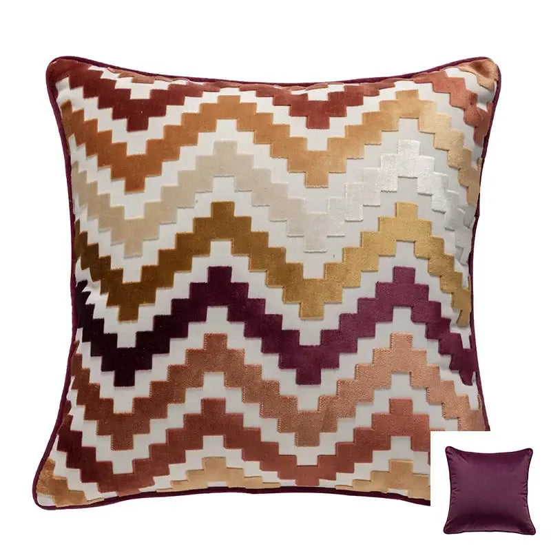 Square cushion cover with rust beige gold and burgundy zigzag pattern on velvet fabric for decorbites geometric chenille flocking