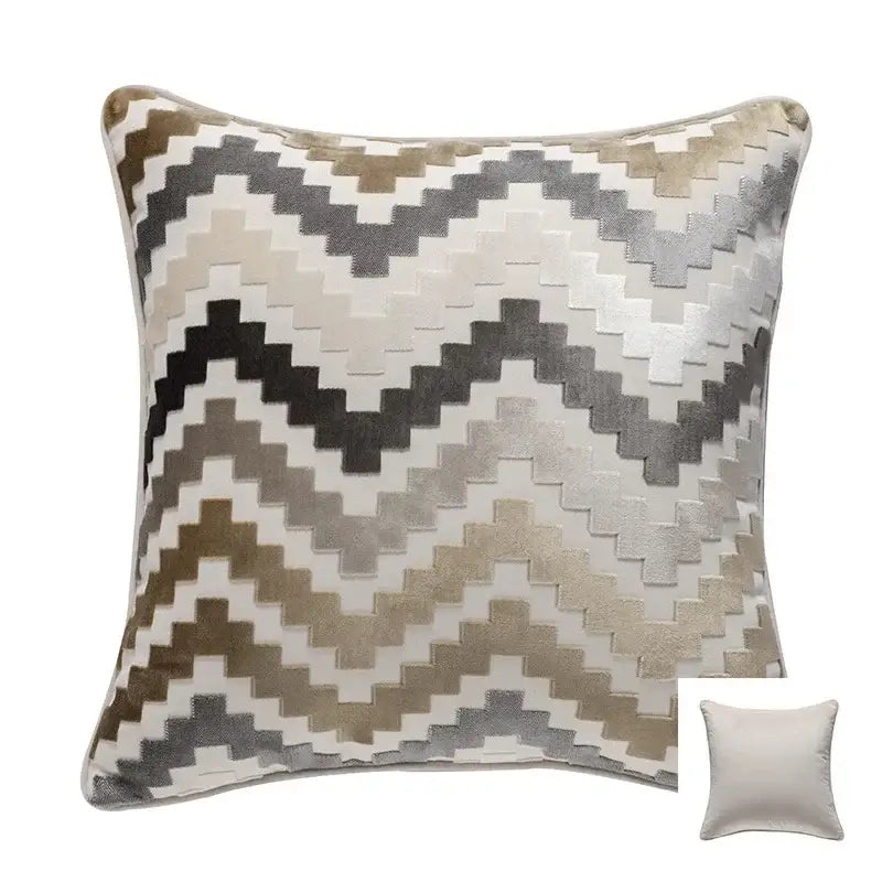 Square throw pillow with textured zigzag pattern in gray, beige, and black for decorbites geometric chenille flocking cushion cover