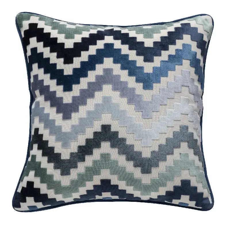 Square cushion cover with bold navy gray and white zigzag pattern in textured velvet for decorbites geometric chenille flocking