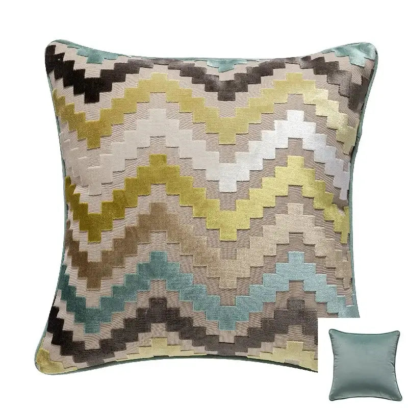 A square cushion cover with bold yellow beige brown teal zigzag pattern in textured velvet from decorbites geometric chenille flocking