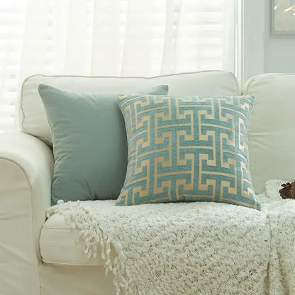 A square teal and cream decorbites geometric chenille throw pillowcase with textured fabric for living room decor
