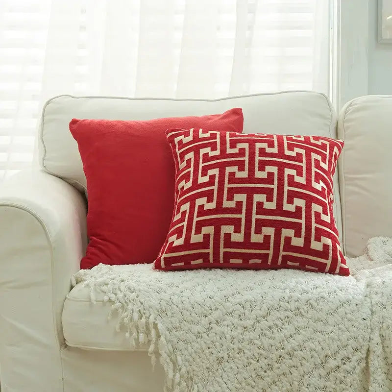 Red throw pillow with cream-colored greek key pattern for decorbites geometric chenille throw pillowcase in living room