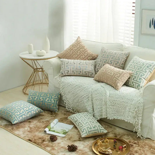 Beige and light blue decorbites geometric chenille throw pillowcase with textured woven fabric for living room decor
