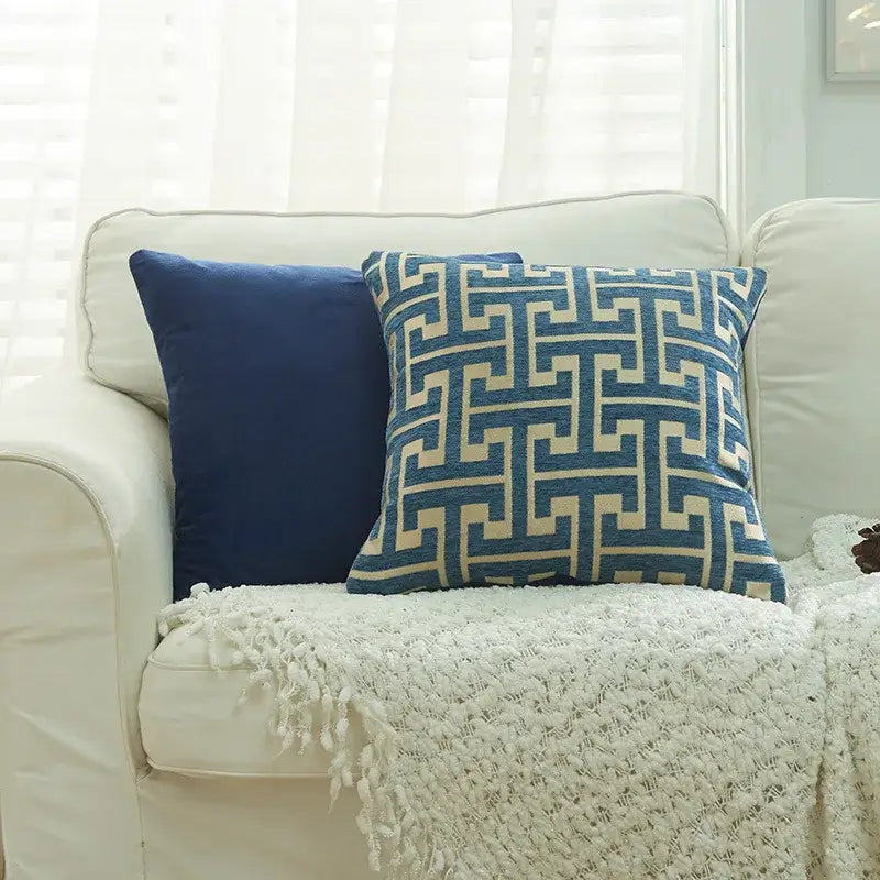 Blue and cream geometric chenille throw pillowcase in beige and light blue for living room decorbites geometric chenille