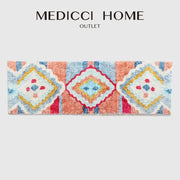 Rectangular plush bath mat with vibrant coral light blue yellow red diamond pattern from medicci home outlet decorbites boho runner