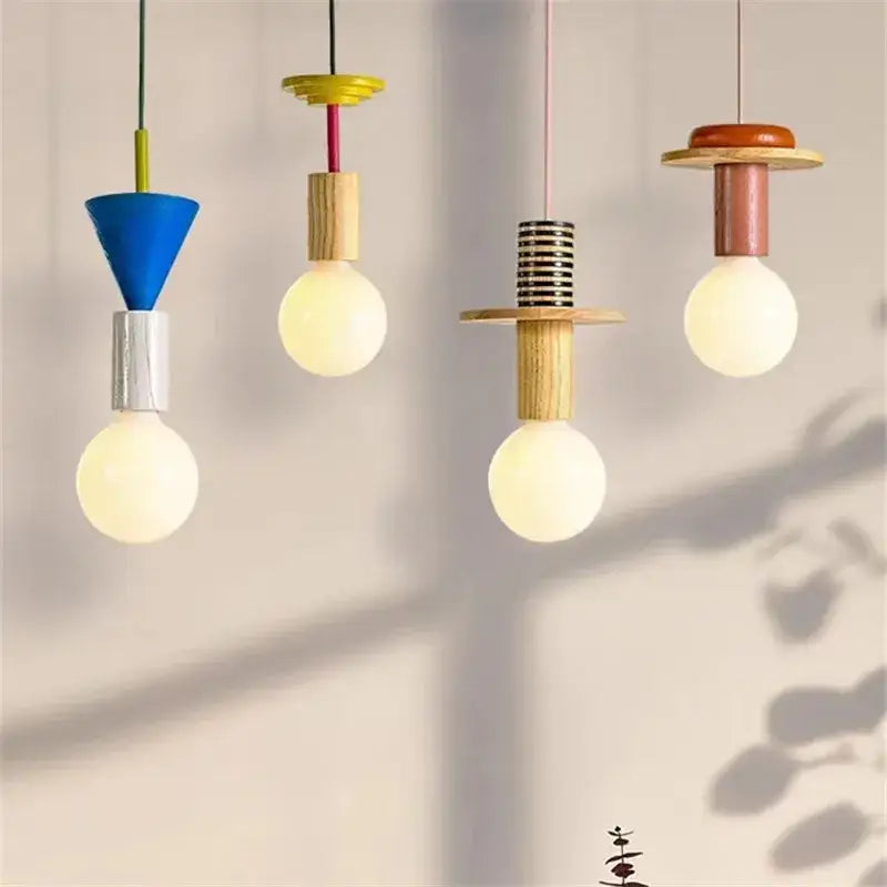 Colorful geometric led wooden pendant light with metal accents for bedroom decor by decorbites