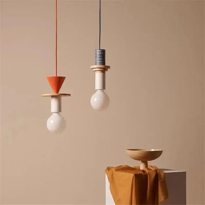 Modern pendant light with geometric colorful wooden and ceramic accents featuring orange white and black striped metal for bedroom decorbites led wooden use