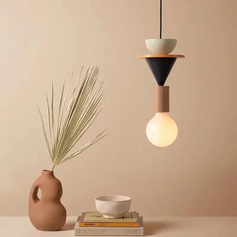 Modern geometric pendant light with matte black cone beige cylinder and wooden platform holding white bowl for decorbites led wooden use