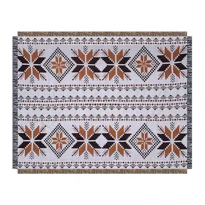 White woven geometric cotton knitted sofa blanket with black and burnt orange pattern and fringed edges for decorbites geometric cotton decor