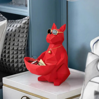 A vibrant red geometric resin cool cat figurine with gold sunglasses and necklace for living room decorbites cool cat decor