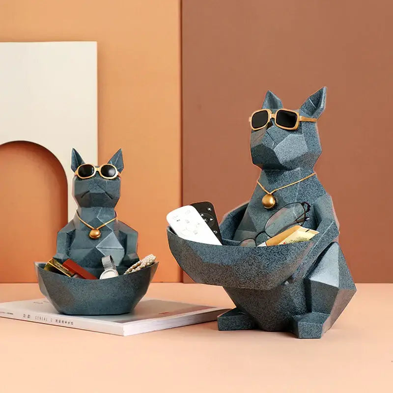 Blue geometric resin dog figurine with gold sunglasses and bowl body serving as decorbites cool cat organizer decor