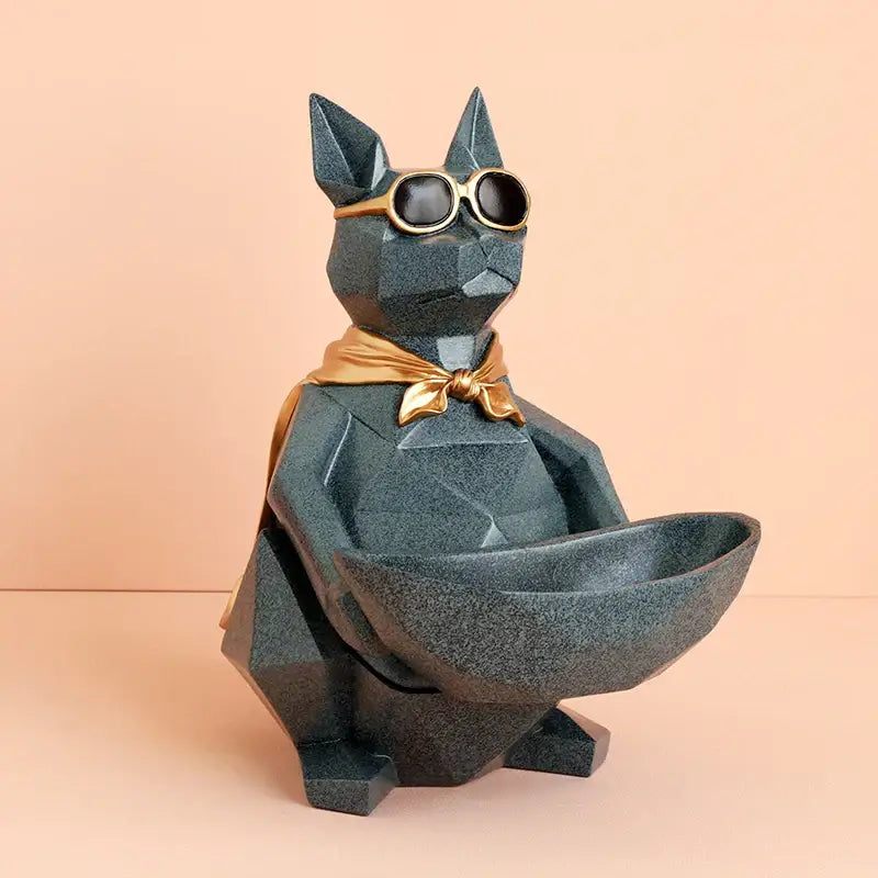 Dark gray geometric cool cat resin figurine with gold sunglasses and bow tie on a bowl base for living room decorbites decor