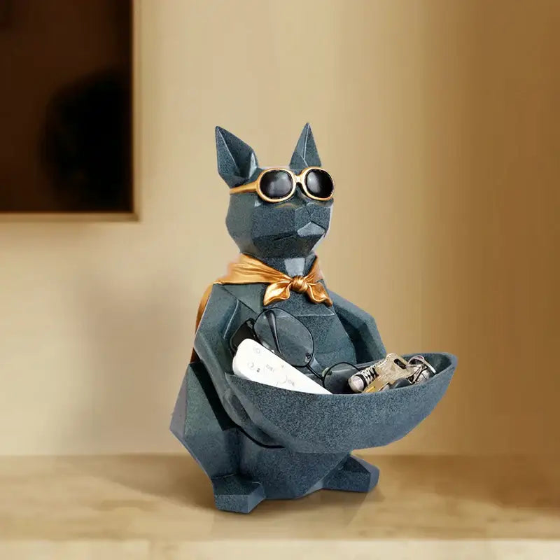 Dark blue geometric cool cat resin figurine with gold sunglasses and bow tie holding bowl for keys living room decorbites cool cat