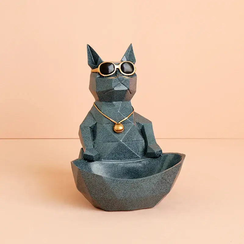 Dark gray geometric cool cat resin figurine with gold-rimmed sunglasses and necklace in a bowl for living room decorbites decor