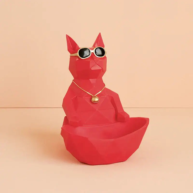 Red geometric cool cat resin figurine wearing sunglasses and gold necklace designed as decorbites cool cat decor