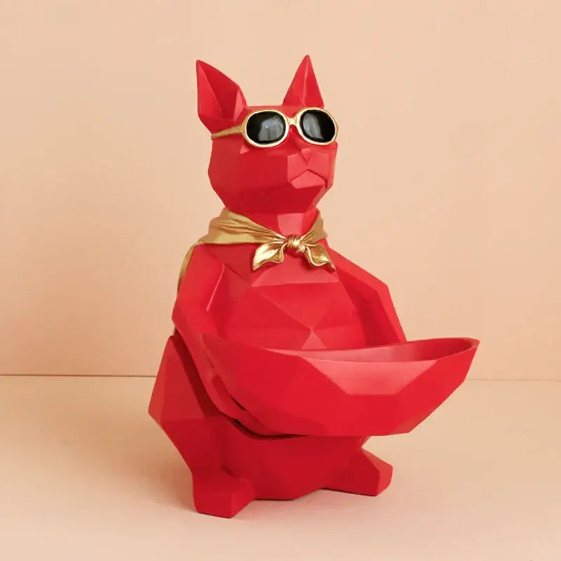 Red geometric cool cat resin figurine with gold sunglasses and bow tie on bowl base for living room decorbites decor